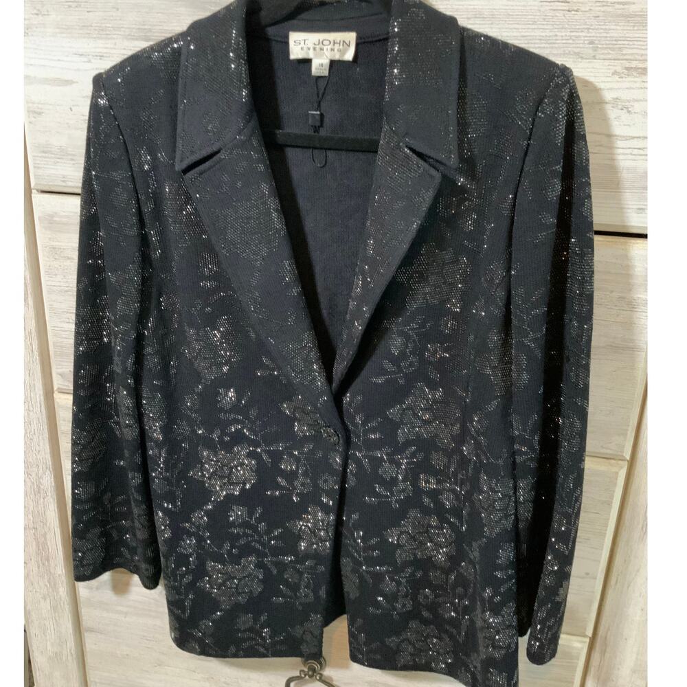 St. John Black Beaded Floral Blazer - Size 14 - plus size- NWOT